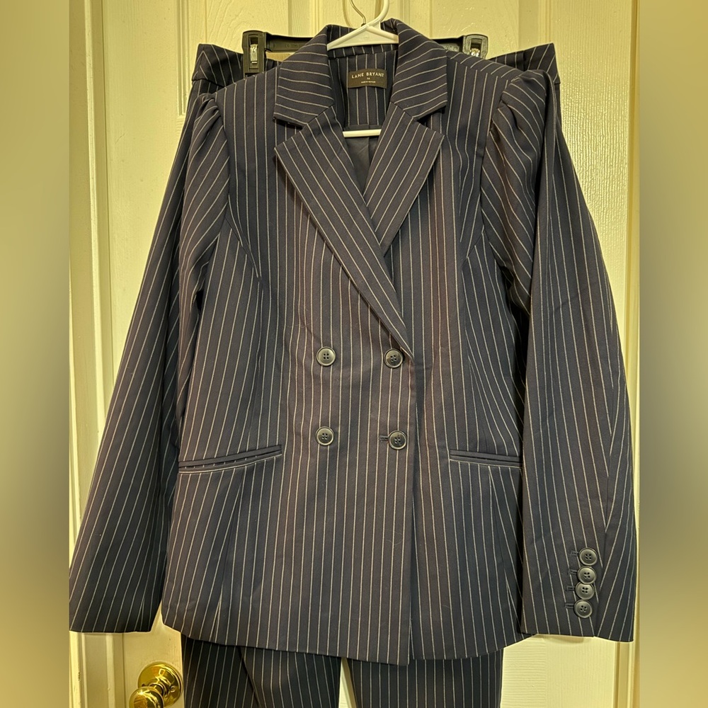 Lane Bryant Navy Pinstripe Double-Breasted Suit jacket blazer